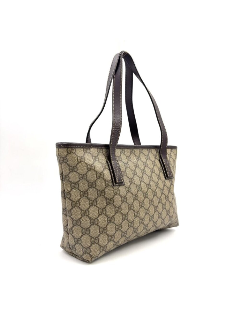 Gucci GG Supreme Leather Canvas Khaki Beige Dark Brown Tote Bag Silver - Picture 2 of 15